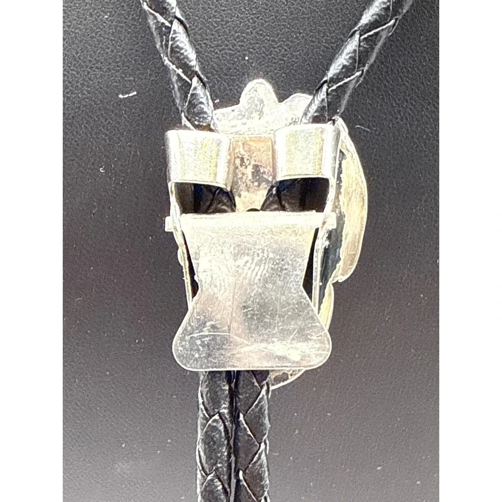 Navajo Signed Sterling Silver‎ Turquoise Bolo Tie Black Leather Cord Signed TG